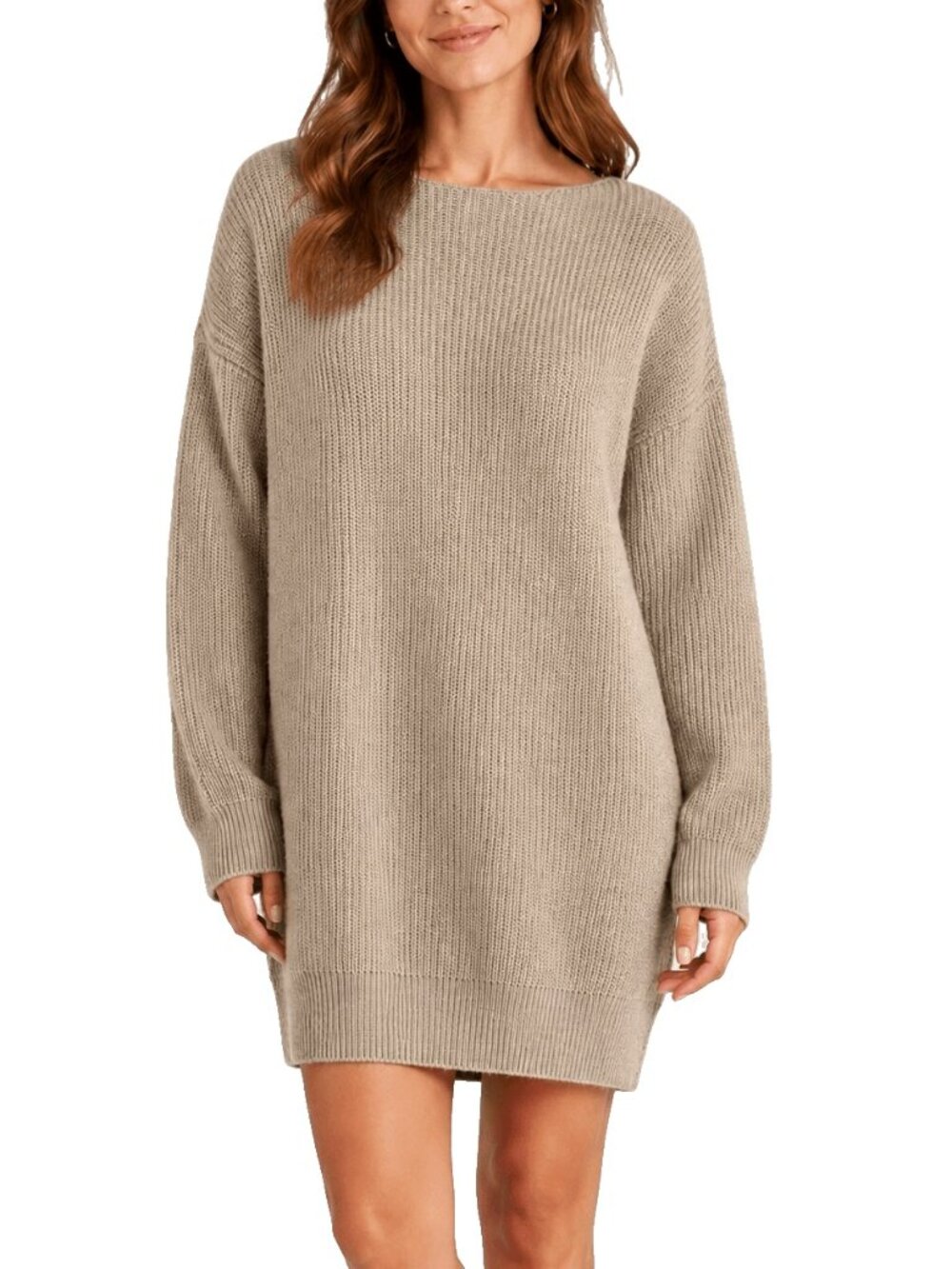 THEORY Sabine Oversized Wool Ribbed Minimalist Boat Neck Beige Sweater Dress S